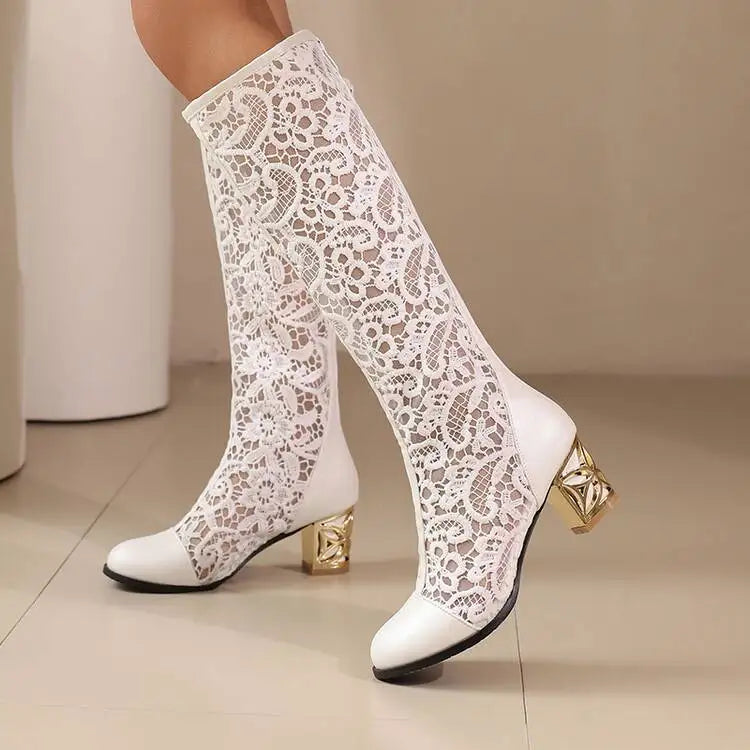 Spring and Autumn New Style Fashion square Heel Mesh Hollow Women's Boots Sweet Breathable knee high boots high 5.5cm size 34-47