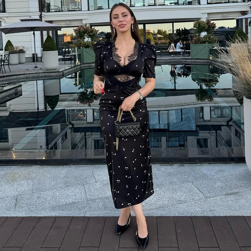 Sexy Hollow Lace Dress Women's Fashion Short Sleeve Elegant High Waist Slim Print Dress Summer Party Club Clothes Female 2026
