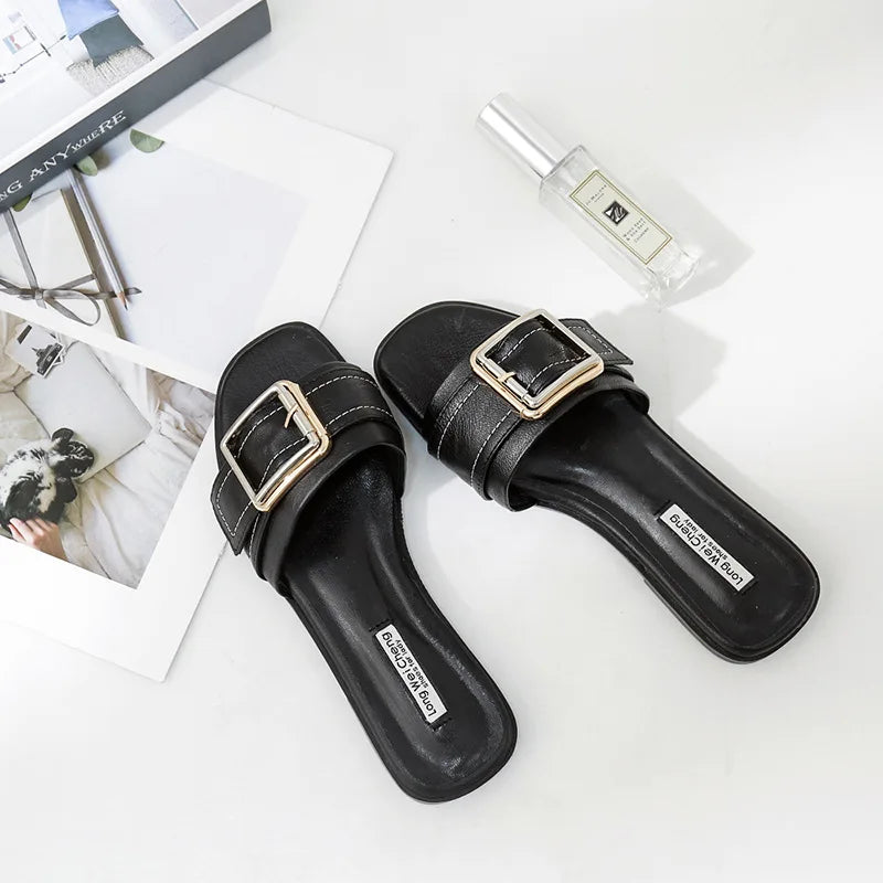Women's Flat Slippers Summer Leather Square Toe Women Flats Flip Flops Designer Ladies Slides Sandals Women Shoes Luxury Sandals