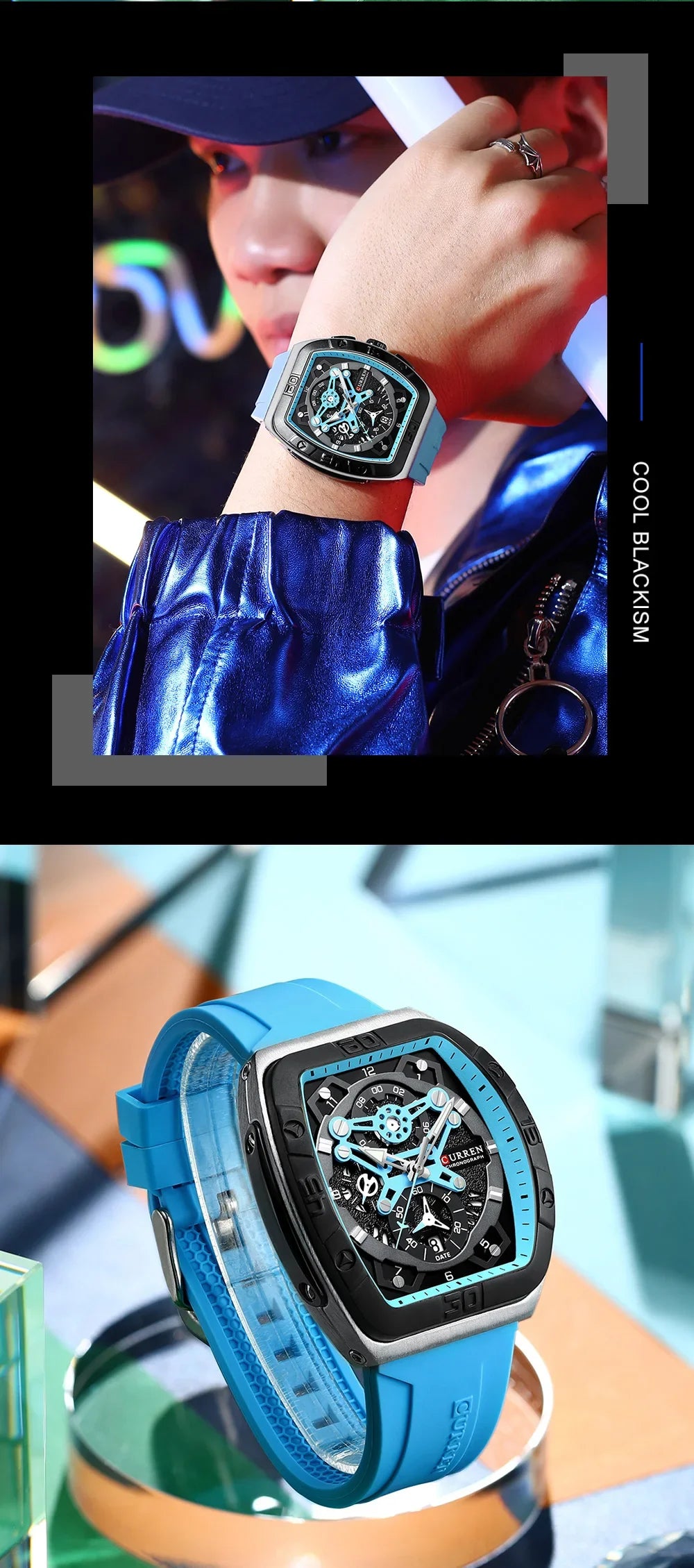 CURREN Men's Chronograph Watch Tonneau Case Design with Sport Silicone Strap Red and Black Quartz Wristwatches for Men