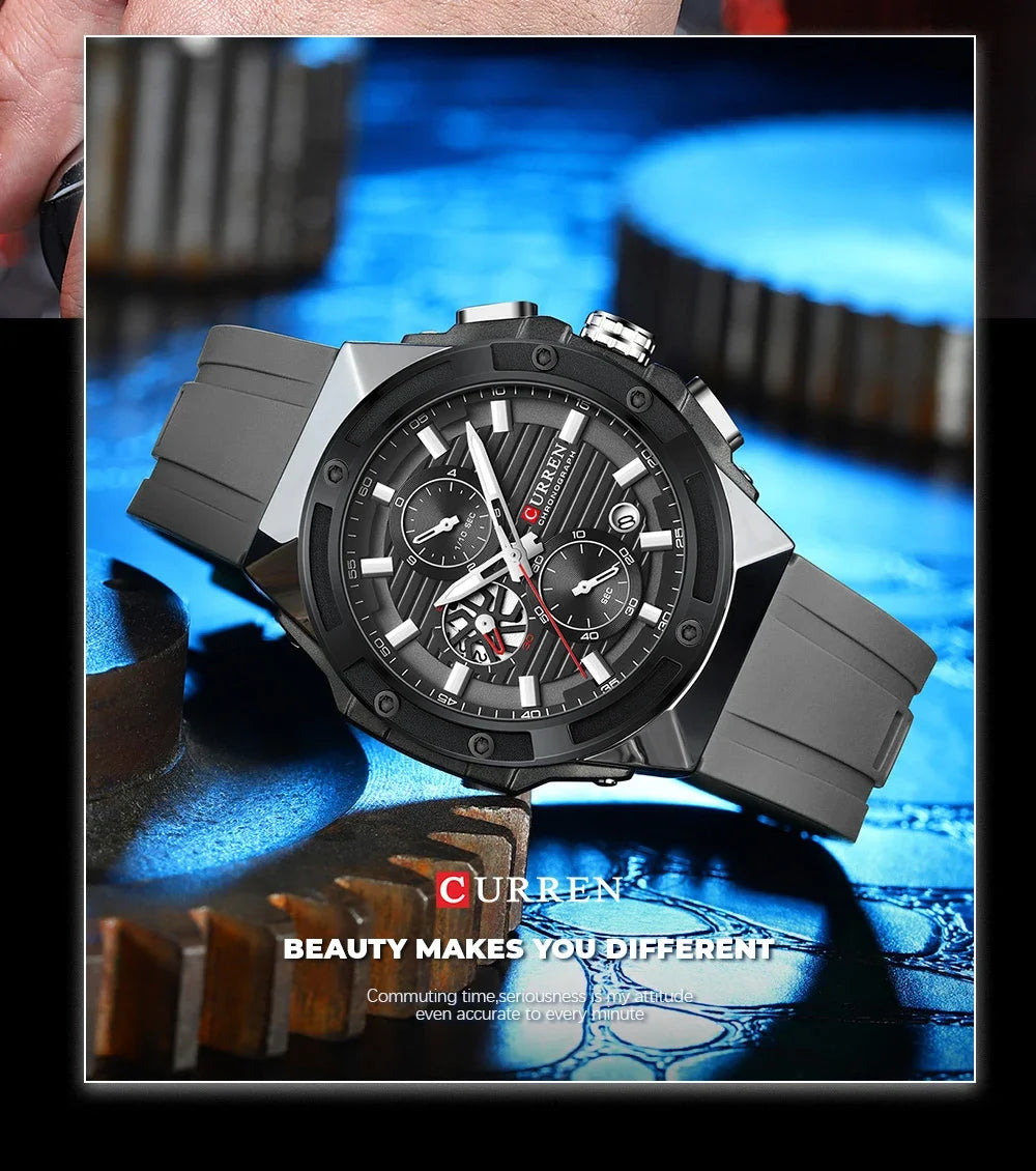 CURREN Sporty Men's Watch with Chronograph & Luminous Hands - Silicone Strap Quartz Wristwatch for Man Auto Date Business Casual