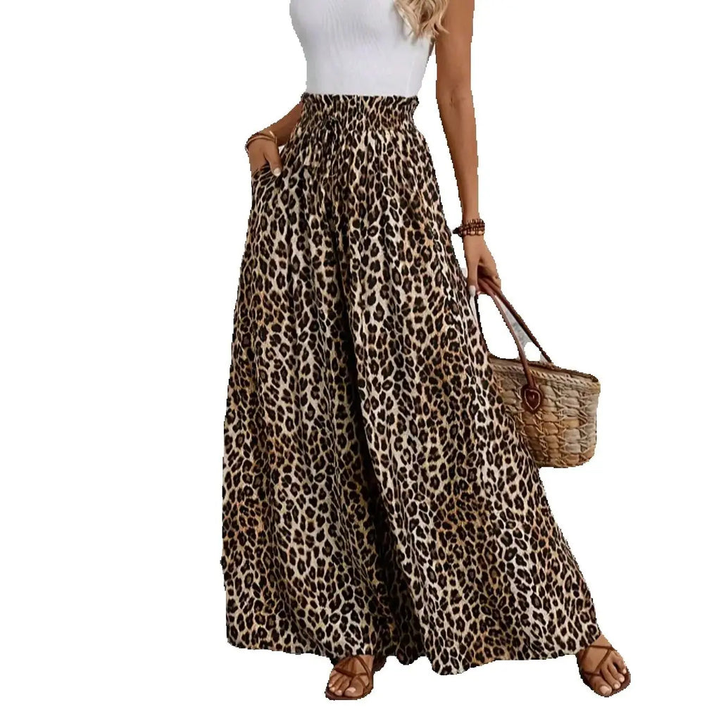 Leopard Print Wide Leg Pants – High Waist Elastic Casual Trousers for Women