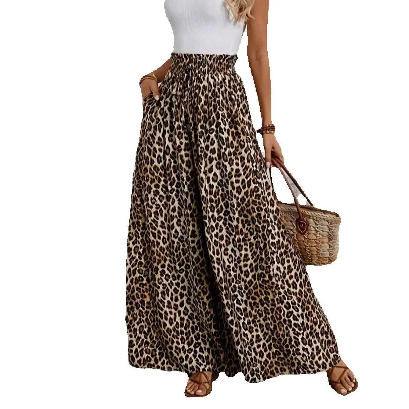 Leopard Print Wide Leg Pants – High Waist Elastic Casual Trousers for Women