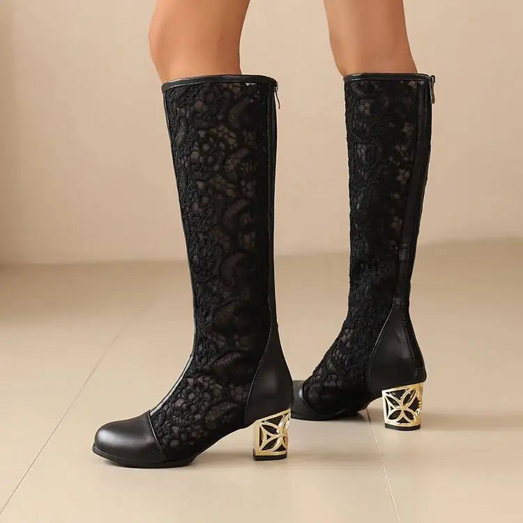 Spring and Autumn New Style Fashion square Heel Mesh Hollow Women's Boots Sweet Breathable knee high boots high 5.5cm size 34-47
