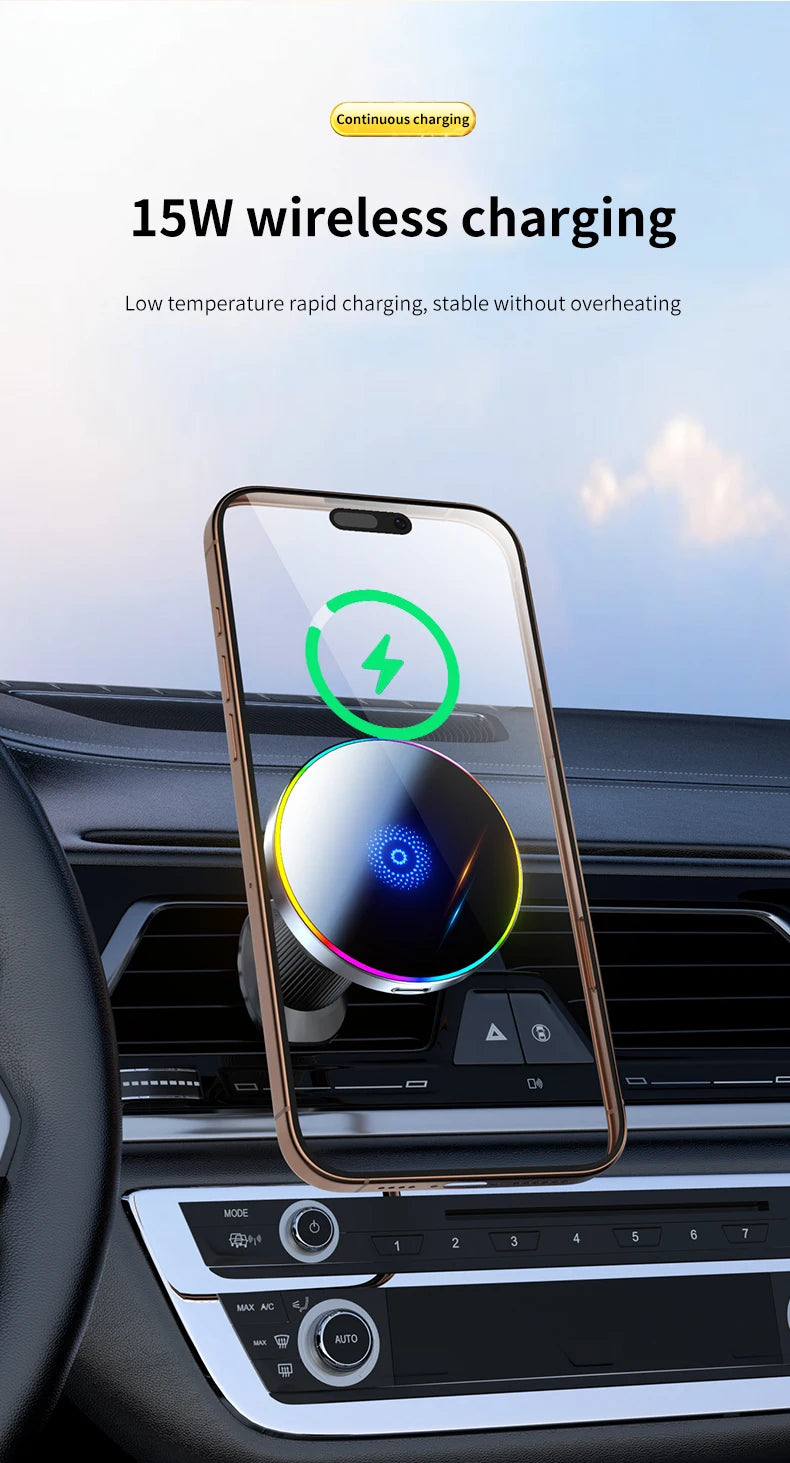 15W Magnetic Phone Holder Magnetic Wireless Car Charger Car Magnetic Mount RGB LED Lights Magsafe Charger Base Accessories Phone