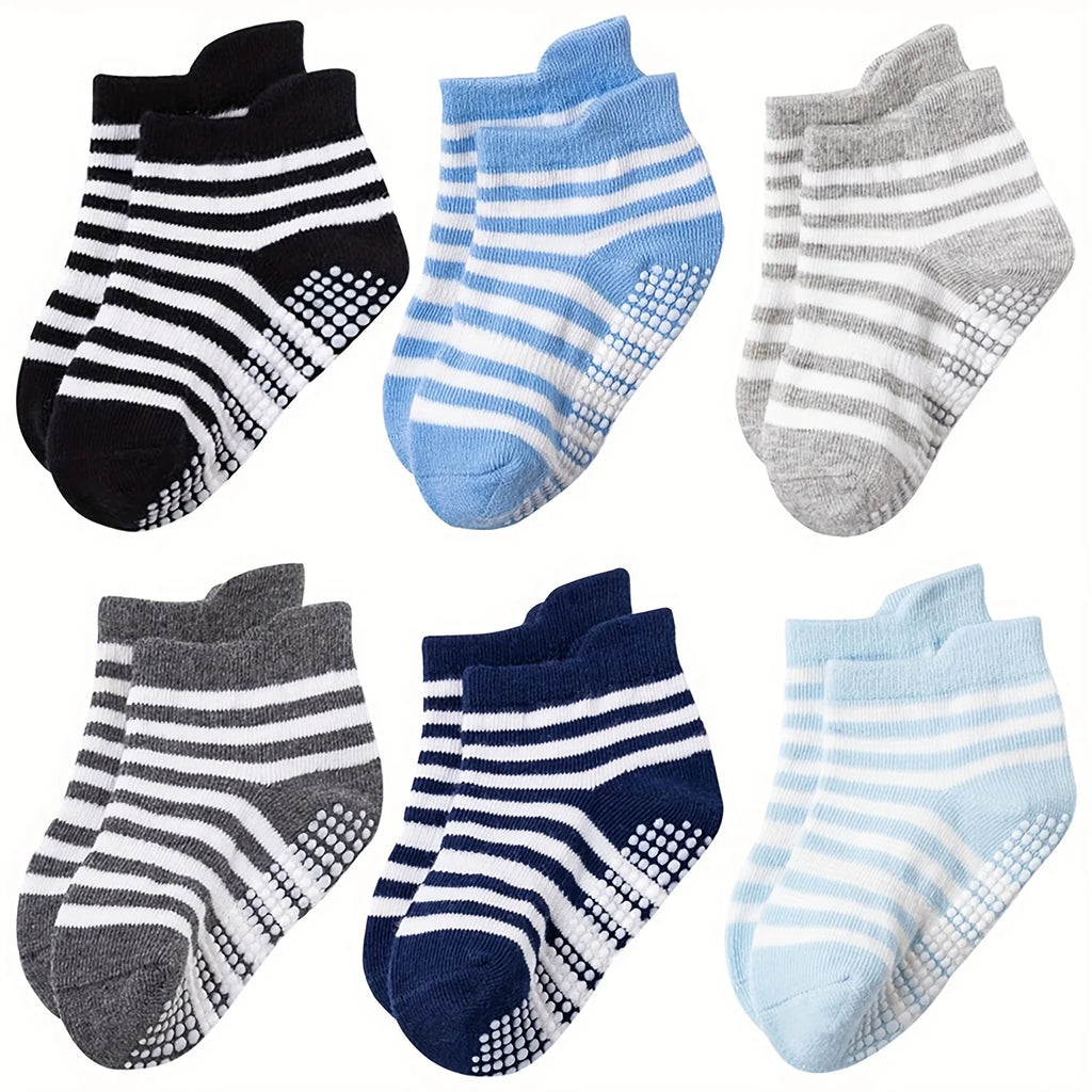 6 pairs of boys and girls' anti slip socks with cute cartoon animal patterns, comfortable and breathable baby floor socks