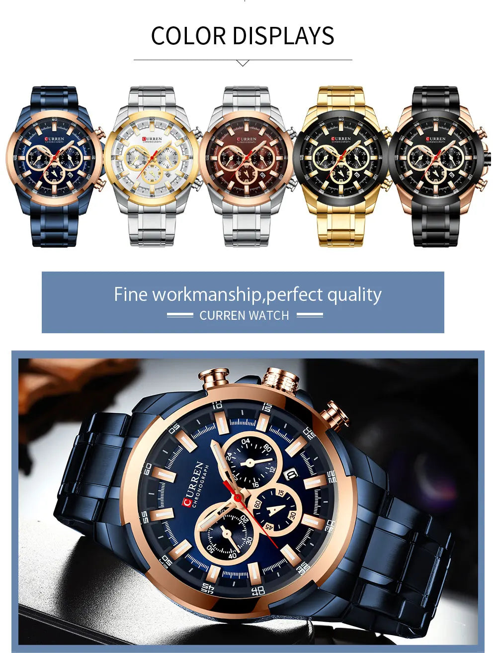 CURREN Men's Chronograph Watch 48mm Big Dial with Stainless Steel Band Triple Sub- Dials Luxury Quartz Sport Wristwatch
