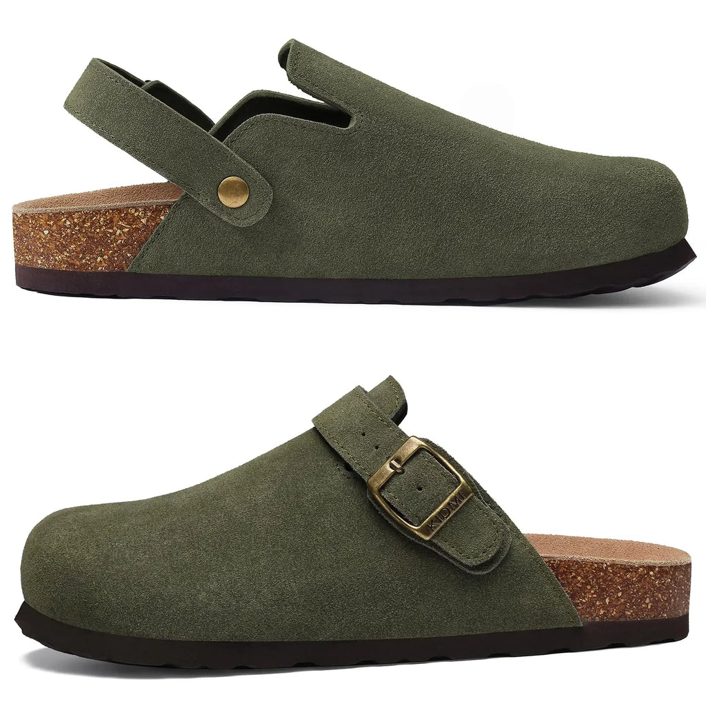 Litfun Suede Women's Clogs with Adjustable Strap Cork Footbed Leather Mules with Arch Support Unisex Outdoor Clogs Potato Shoes