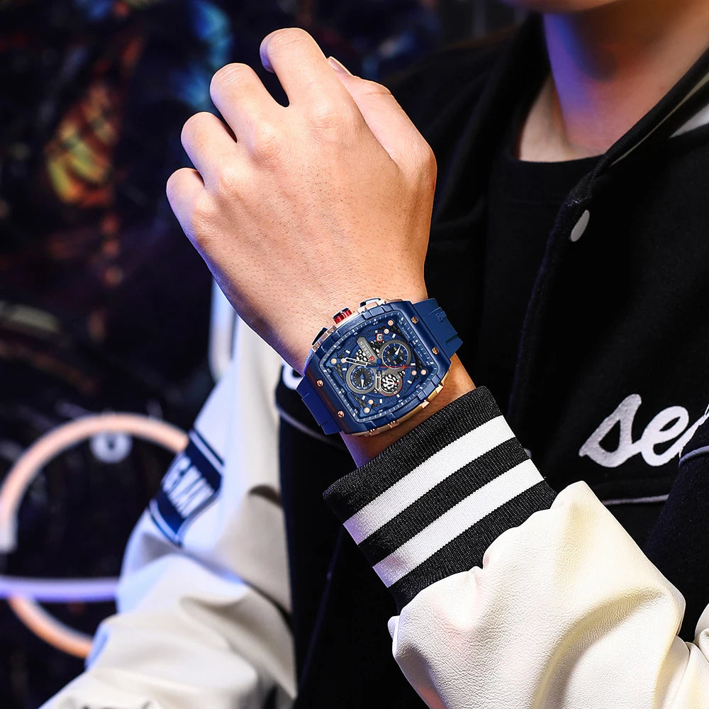 CURREN Fashion Sports Watches with Large Dial Unique RectangularHollow Design Quartz Wristwatches with Chrongraph Auto Date 8442