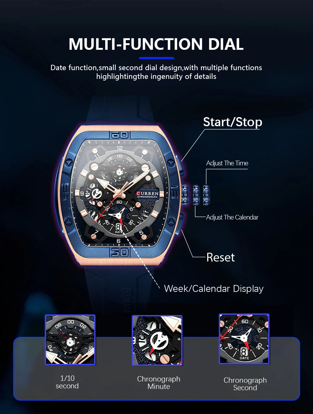 CURREN Men's Chronograph Watch Tonneau Case Design with Sport Silicone Strap Red and Black Quartz Wristwatches for Men