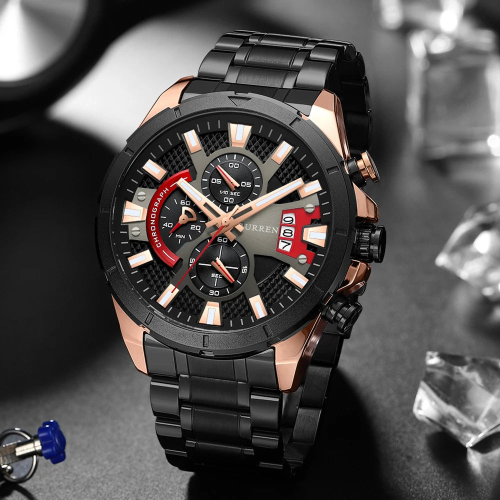 CURREN Sports Big Dial Men's Chronograph Watch with Matte Stainless Steel Band Luminous Hands Casual Quartz Wristwatch 8401