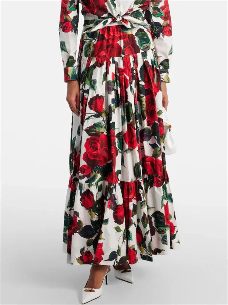 Rose Bloom Luxe Two-Piece Set – Tie-Waist Shirt & Maxi Skirt Outfit for Women