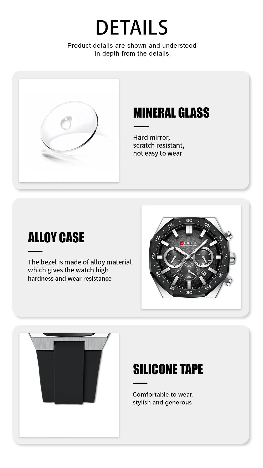 CURREN Fashion Casual Men Sports Watch Chronograph Silicone Belt Auto Date Dial Quartz Wristwatch Male Reloj Relogio Masculino