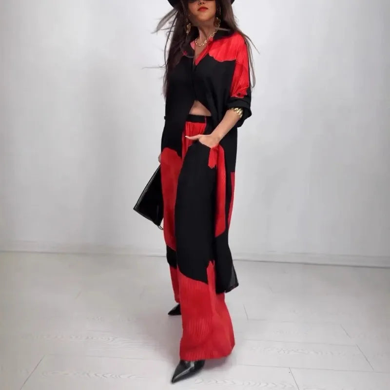 Chic Printed Shirt & Wide Leg Pants Set – Casual Two-Piece Outfit for Wome