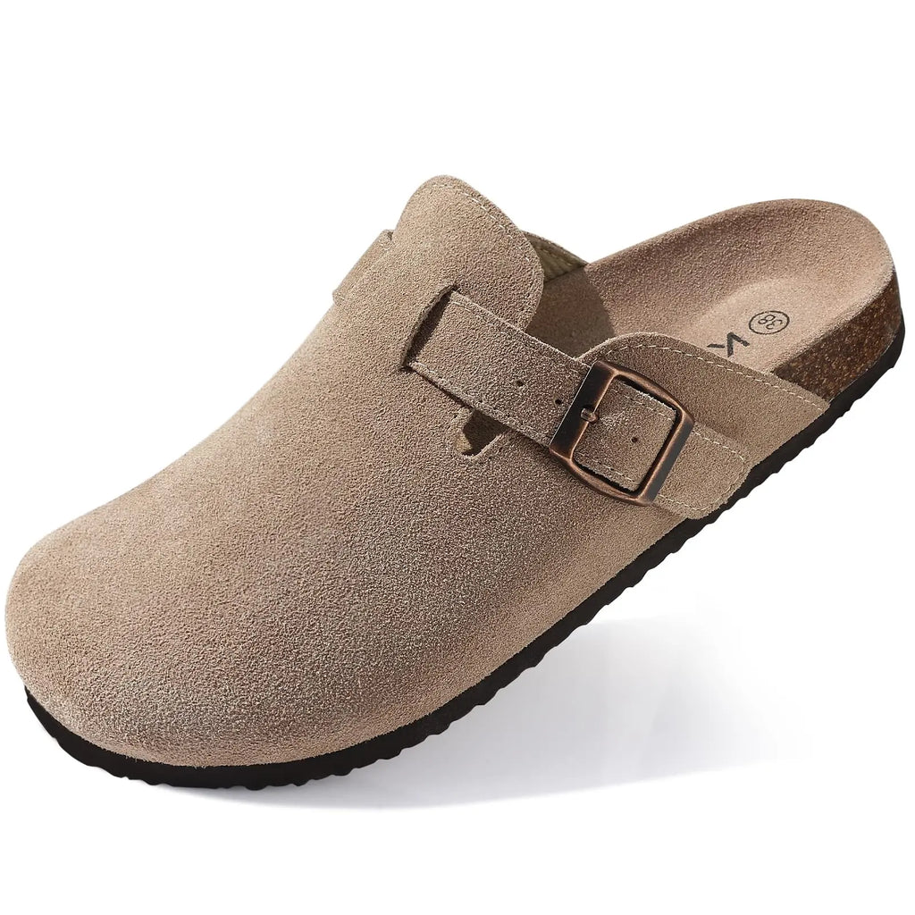 Litfun Suede Women's Clogs with Adjustable Strap Cork Footbed Leather Mules with Arch Support Unisex Outdoor Clogs Potato Shoes
