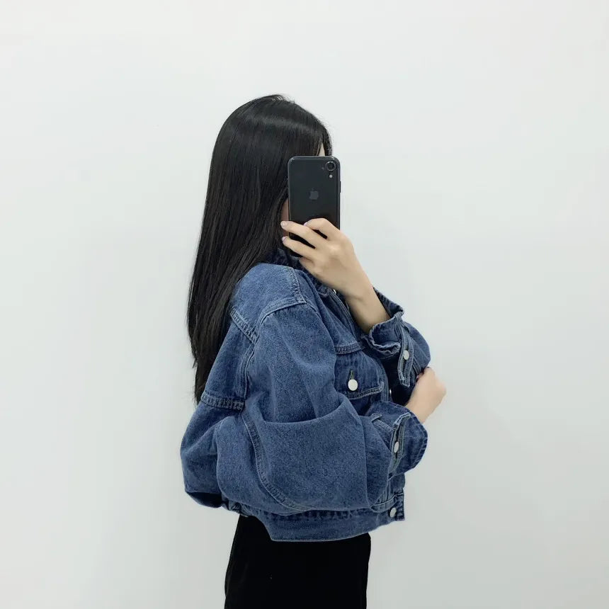 Women Denim Coat Short Jackets Turn Down Collar Full Sleeve Solid Casual Loose Single Breasted Coats Jacket Autumn Winter