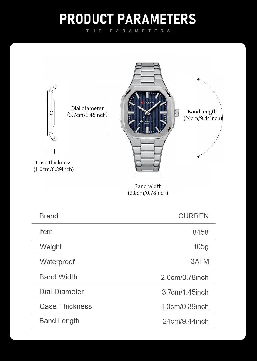 CURREN Luxury Business Square Quartz Watches  Classic Stripe Design Dial with Stainless Steel Band Wristwatch for Men