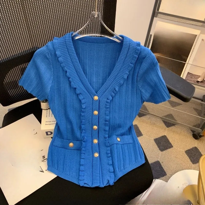 Elegant Ruffle Knit V-Neck T-Shirt