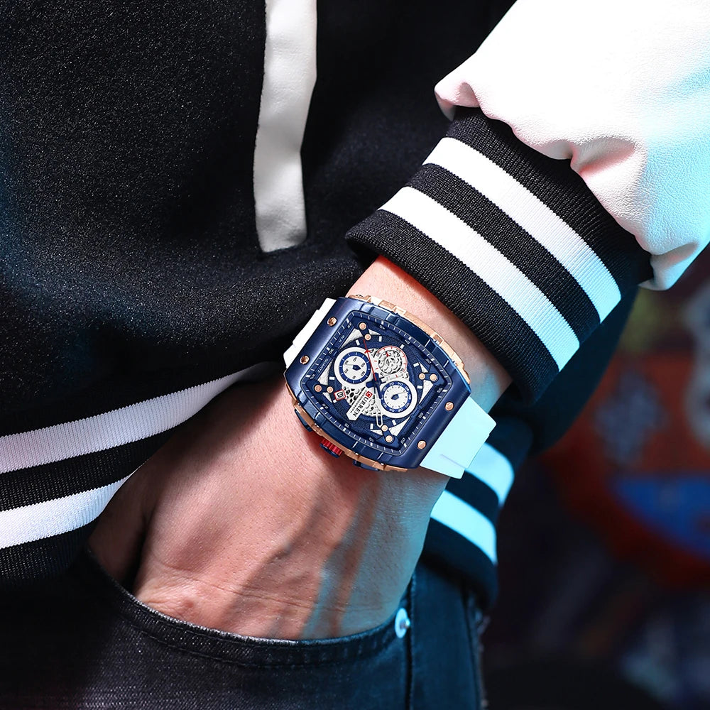 CURREN Fashion Sports Watches with Large Dial Unique RectangularHollow Design Quartz Wristwatches with Chrongraph Auto Date 8442
