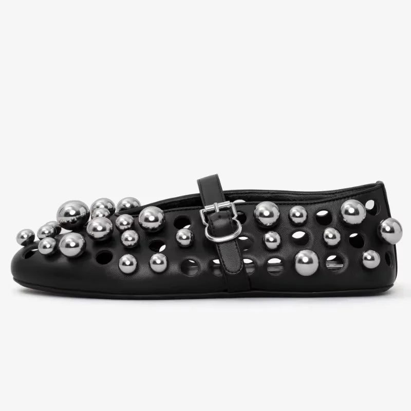 Luxury Black Pearl Round Head Buckle Ballet Sandals Summer Autumn Metal Hollow Commuting Casual Mary Jane Single Shoe Size 45