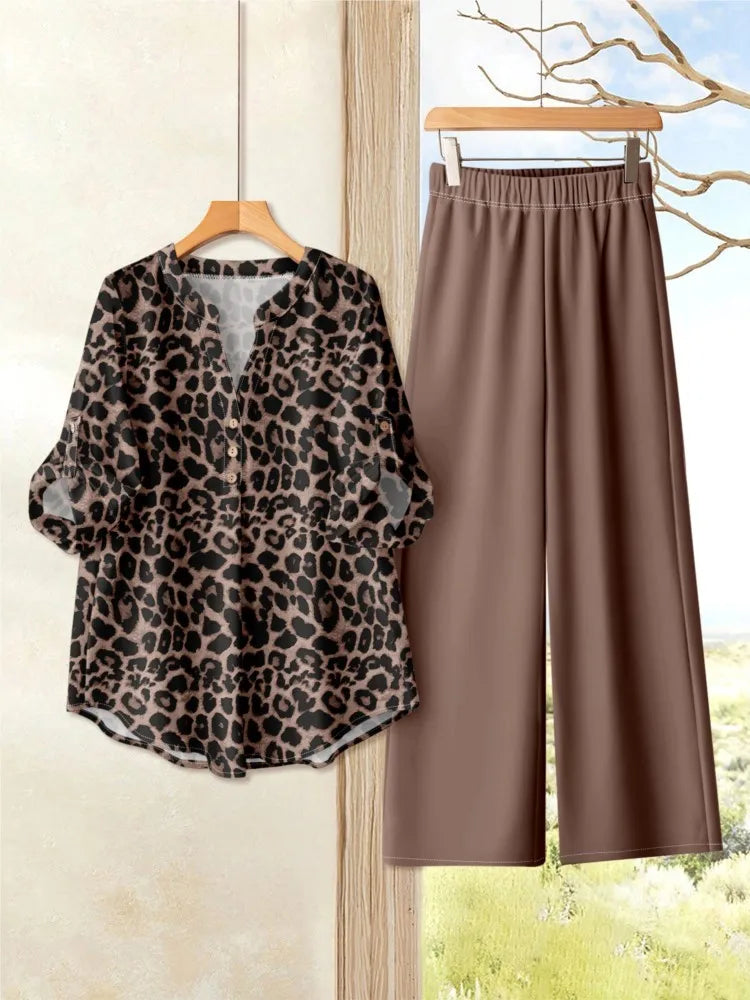 Chic Printed Short Sleeve Co-Ord Set – Women’s O-Neck Top & Wide Leg Pants Outfit