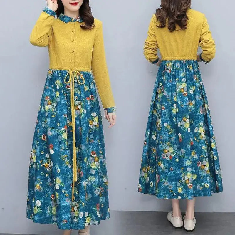 Elegant Printed Shirt Dress – Drawstring Waist Ankle-Length Dress for Women