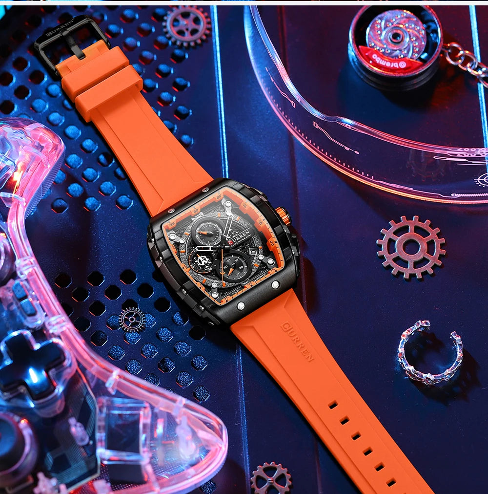 CURREN Fashion Sports Watches with Large Dial Unique RectangularHollow Design Quartz Wristwatches with Chrongraph Auto Date 8442