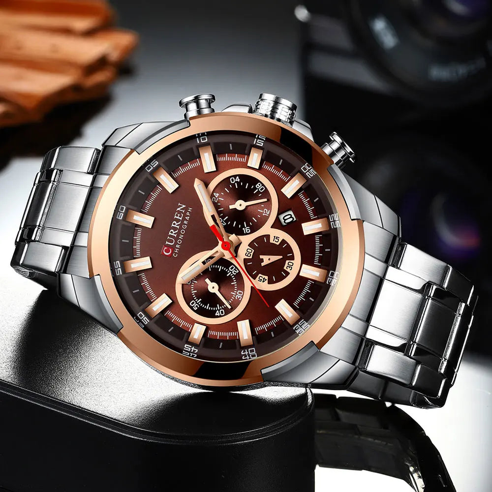 CURREN Men's Chronograph Watch 48mm Big Dial with Stainless Steel Band Triple Sub- Dials Luxury Quartz Sport Wristwatch
