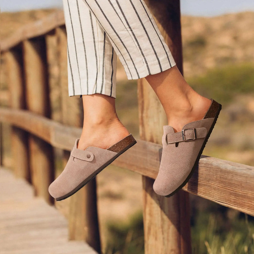 Litfun Suede Women's Clogs with Adjustable Strap Cork Footbed Leather Mules with Arch Support Unisex Outdoor Clogs Potato Shoes