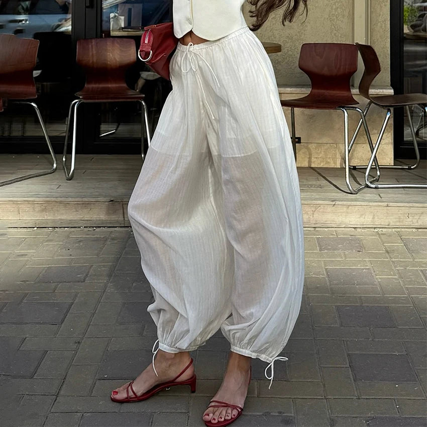 Linad Street Loose White Bloomers Pants Women Summer Elastic Waist Trousers Fashion Lace Up See Through Pants Female 2025 Sexy