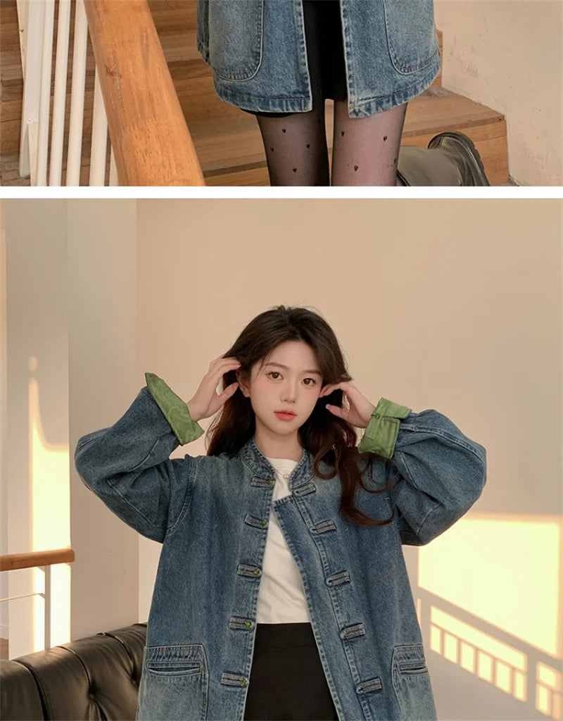 New Chinese Retro Casual Denim Jacket for Women in Spring 2024 Unique Chic Hong Kong Style fat and Slim Cardigan top for Women