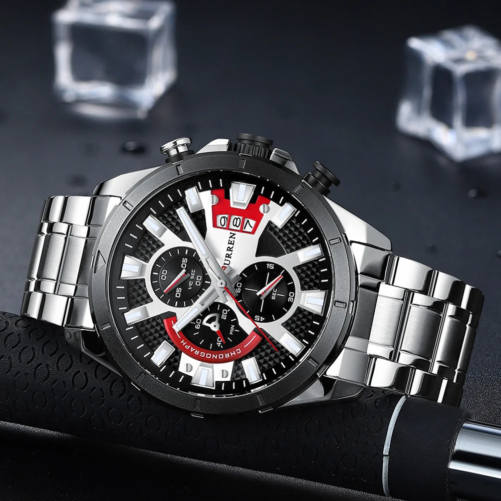 CURREN Sports Big Dial Men's Chronograph Watch with Matte Stainless Steel Band Luminous Hands Casual Quartz Wristwatch 8401