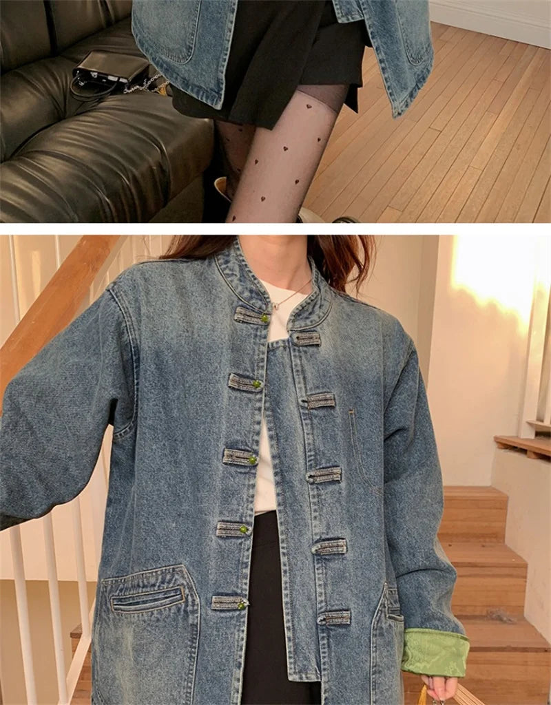 New Chinese Retro Casual Denim Jacket for Women in Spring 2024 Unique Chic Hong Kong Style fat and Slim Cardigan top for Women
