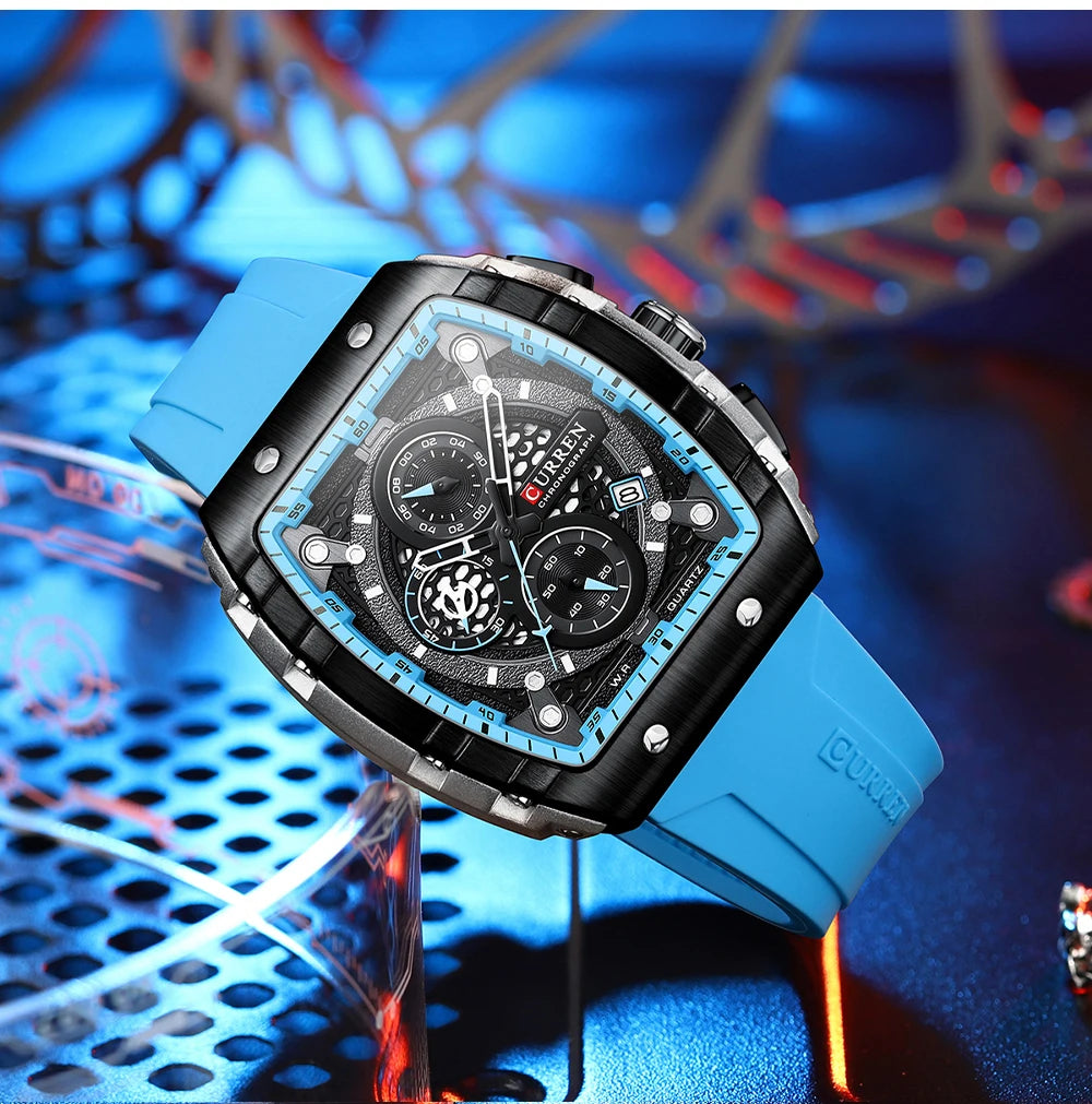 CURREN Fashion Sports Watches with Large Dial Unique RectangularHollow Design Quartz Wristwatches with Chrongraph Auto Date 8442