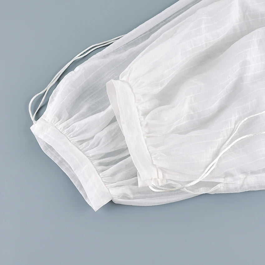 Linad Street Loose White Bloomers Pants Women Summer Elastic Waist Trousers Fashion Lace Up See Through Pants Female 2025 Sexy