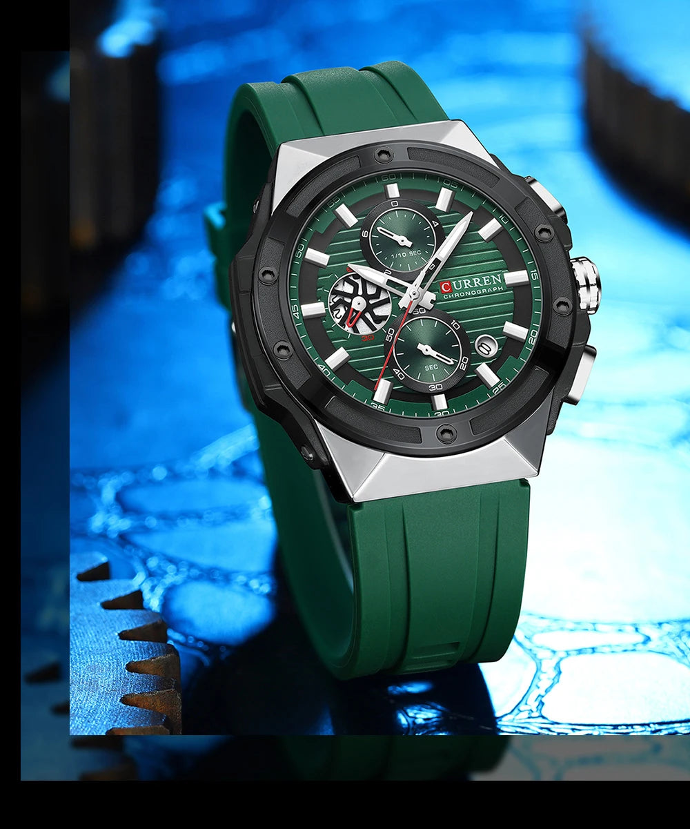 CURREN Sporty Men's Watch with Chronograph & Luminous Hands - Silicone Strap Quartz Wristwatch for Man Auto Date Business Casual