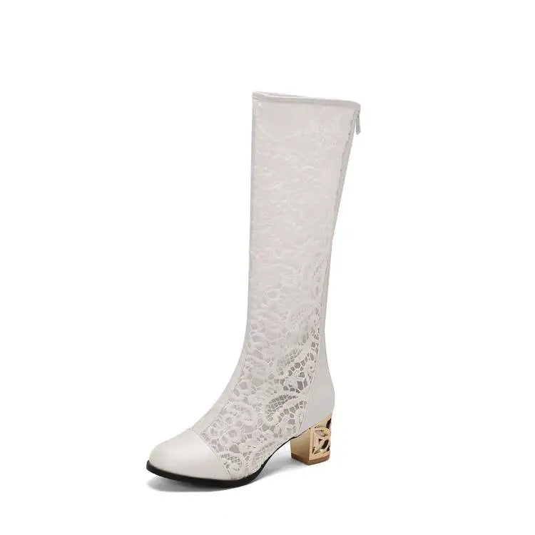 Spring and Autumn New Style Fashion square Heel Mesh Hollow Women's Boots Sweet Breathable knee high boots high 5.5cm size 34-47
