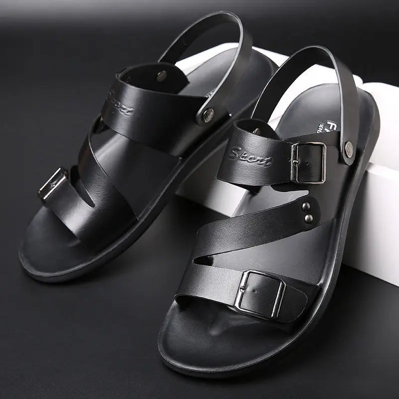 Fashion Sandals Male Solid Color PU Leather Men Shoes Summer Comfortable Open Toe Leather Mens Sandals Beach Leather Footwear