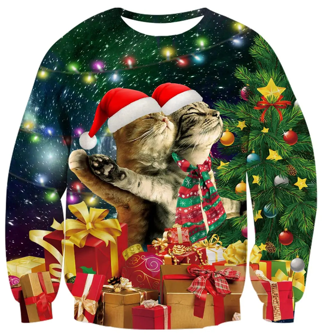 Men's Christmas Sweatshirt Festive Abstract Kitten Print Merry Christmas Crew Neck Pullover Party Casual Christmas Sweatshirt