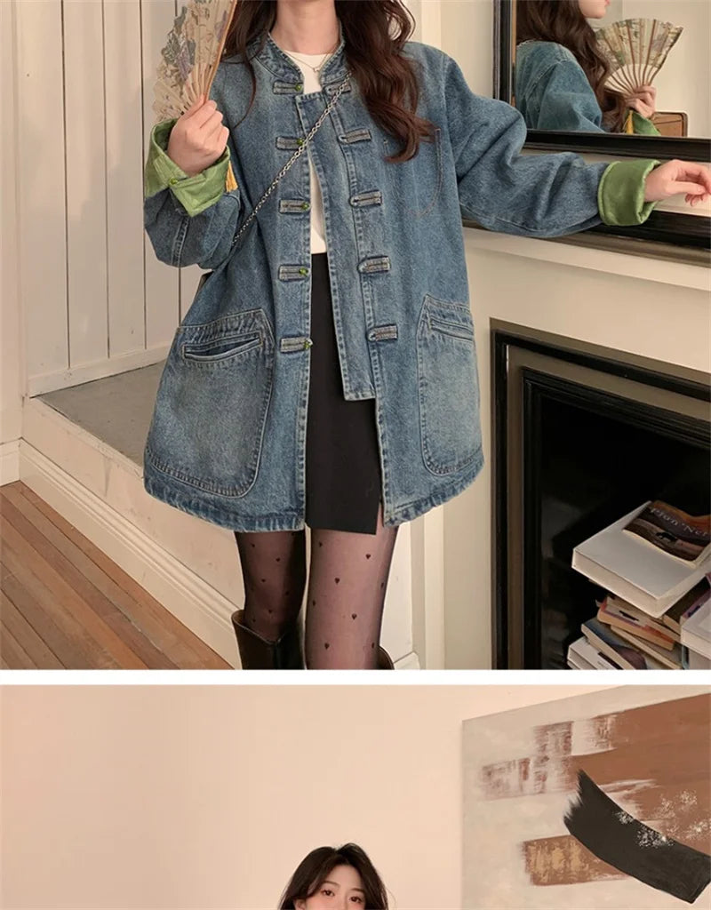 New Chinese Retro Casual Denim Jacket for Women in Spring 2024 Unique Chic Hong Kong Style fat and Slim Cardigan top for Women