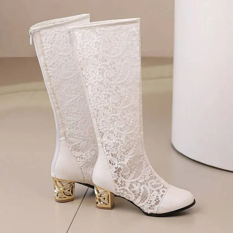 Spring and Autumn New Style Fashion square Heel Mesh Hollow Women's Boots Sweet Breathable knee high boots high 5.5cm size 34-47