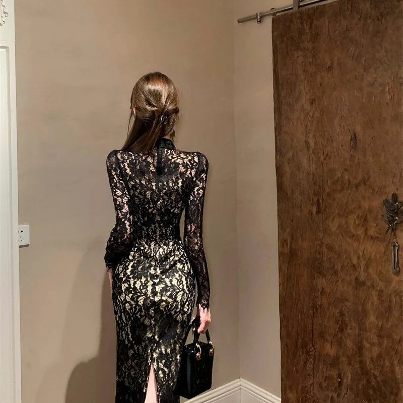 Lace Elegance Maxi Dress – Slim-Fit Long Sleeve Slit Dress for Women