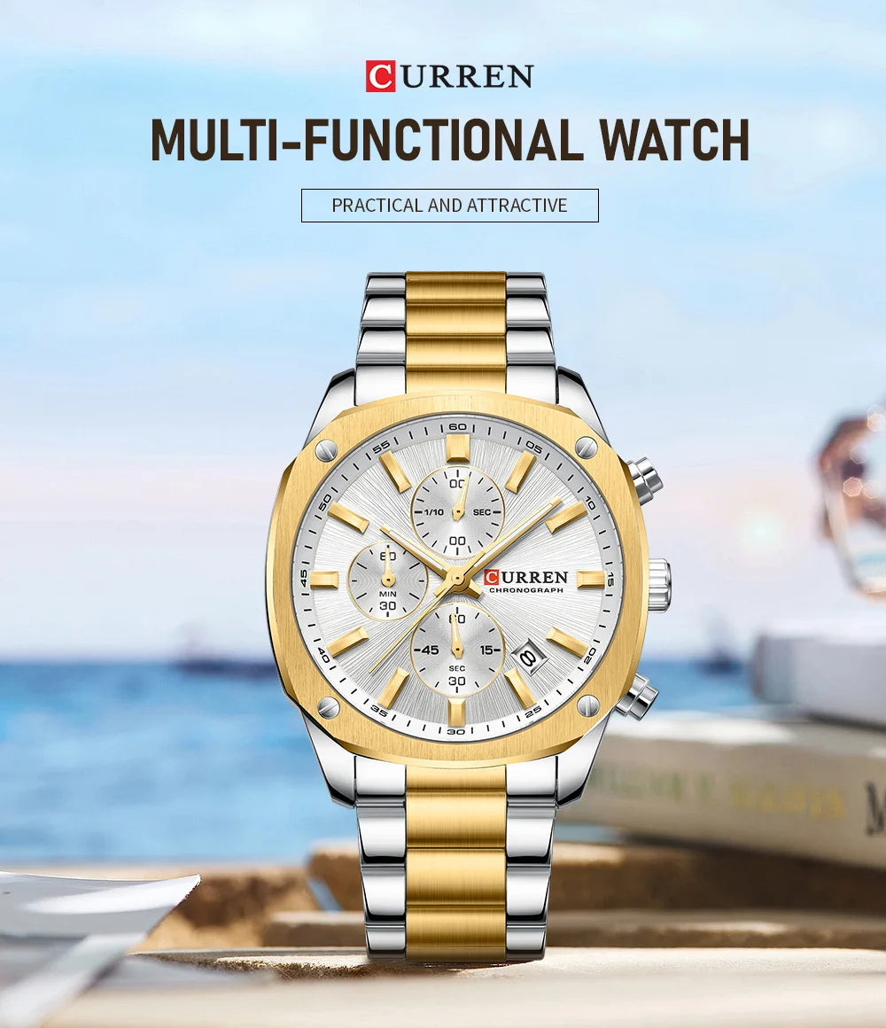 CURREN Modern Men's 42mm Sport Watch - Stainless Steel Band Chronograph & Date,Glow-in-the-Dark Hands, Casual Quartz Wristwatch