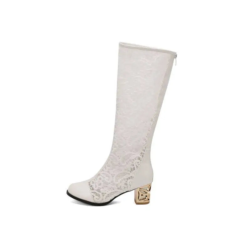 Spring and Autumn New Style Fashion square Heel Mesh Hollow Women's Boots Sweet Breathable knee high boots high 5.5cm size 34-47
