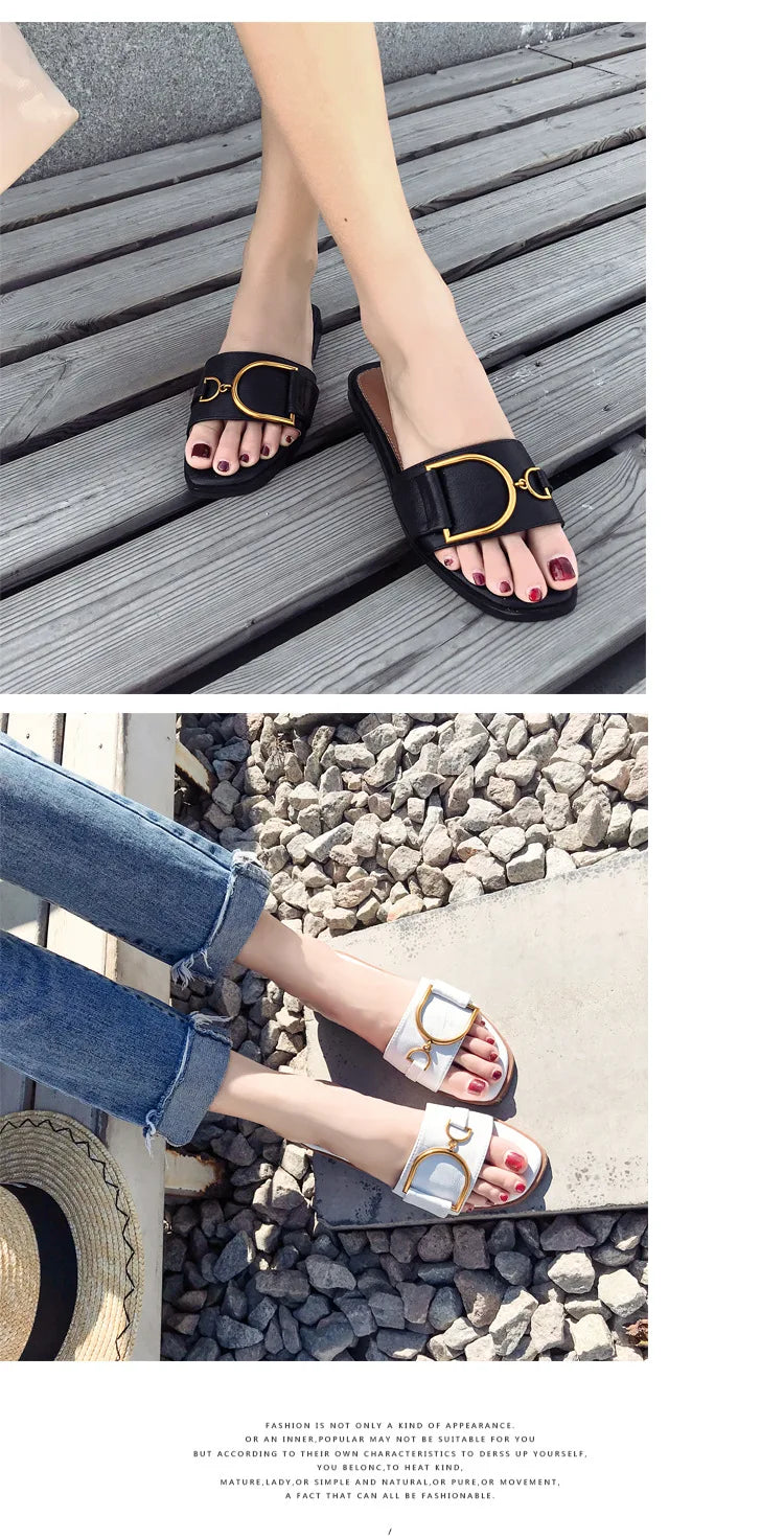 Women's Flat Slippers Summer Leather Square Toe Women Flats Flip Flops Designer Ladies Slides Sandals Women Shoes Luxury Sandals