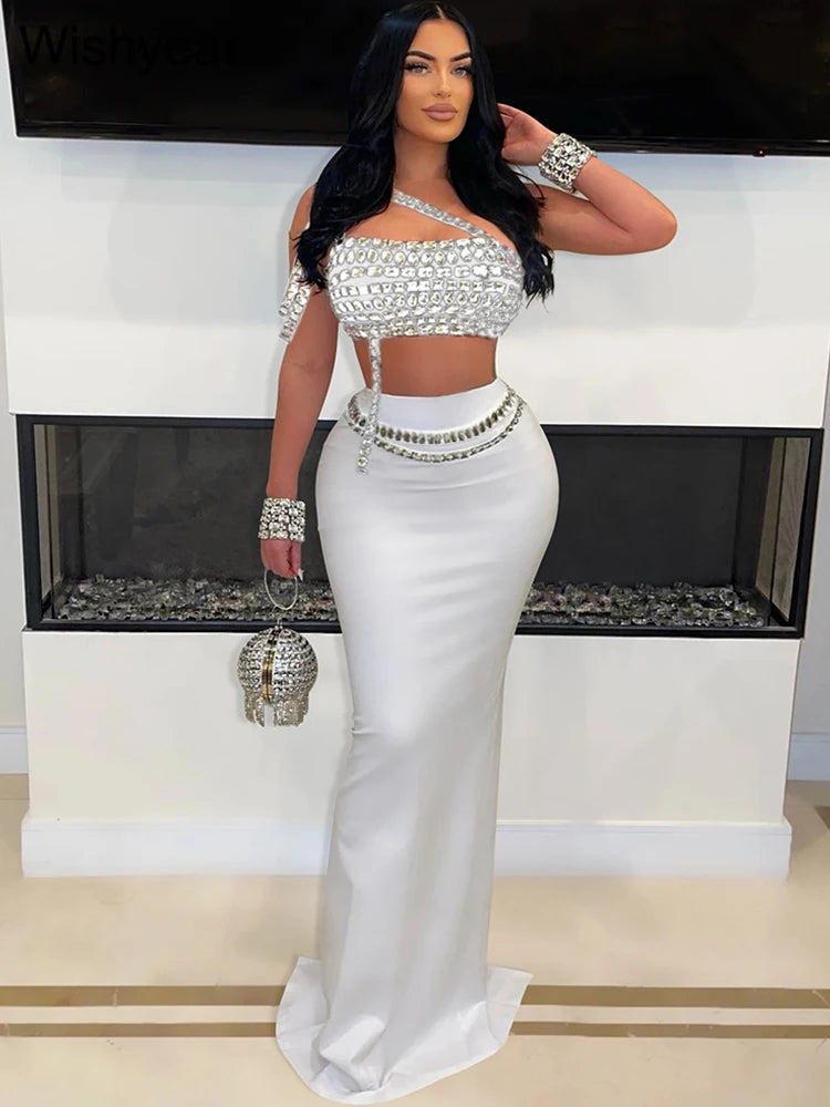 Midnight Glam Diamond Two-Piece Set – One-Shoulder Crop Top & Floor-Length Skirt