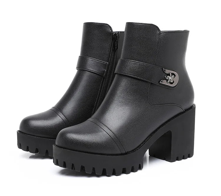 8cm Small Size 32-43 Thick Bottom Motorcycle Boots Women Shoes Winter 2026 Block High Heels Soft Leather Ankle Boots Office Mom