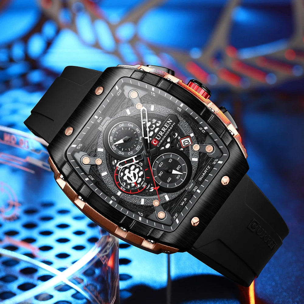 CURREN Fashion Sports Watches with Large Dial Unique RectangularHollow Design Quartz Wristwatches with Chrongraph Auto Date 8442