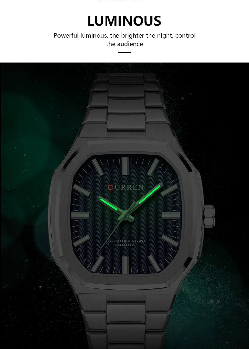 CURREN Luxury Business Square Quartz Watches  Classic Stripe Design Dial with Stainless Steel Band Wristwatch for Men
