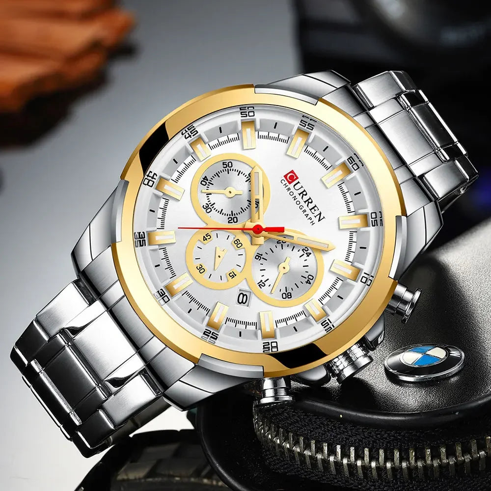 CURREN Men's Chronograph Watch 48mm Big Dial with Stainless Steel Band Triple Sub- Dials Luxury Quartz Sport Wristwatch